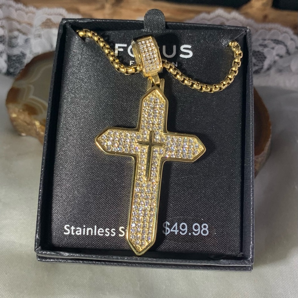 FOCUS FOR MEN STAINLESS STEEL GOLD TONE CROSS 24" Pava Crystal Cross Necklace
